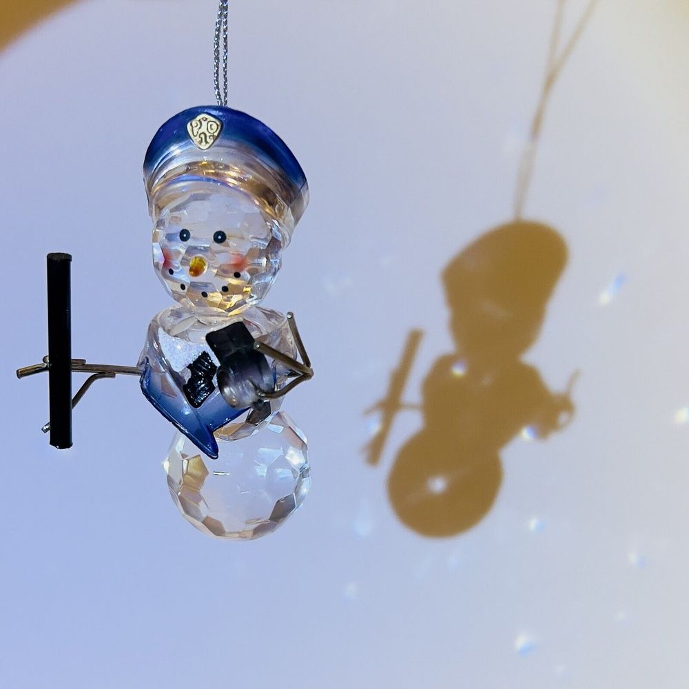 Clear Glass Snowman Police Officer Christmas Ornament whistle blue hat 3.5x2.5